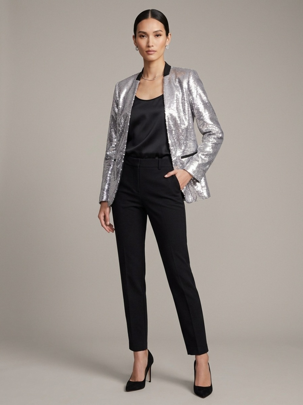 Avec Les Filles Sequin Open Front Blazer Silver Size S